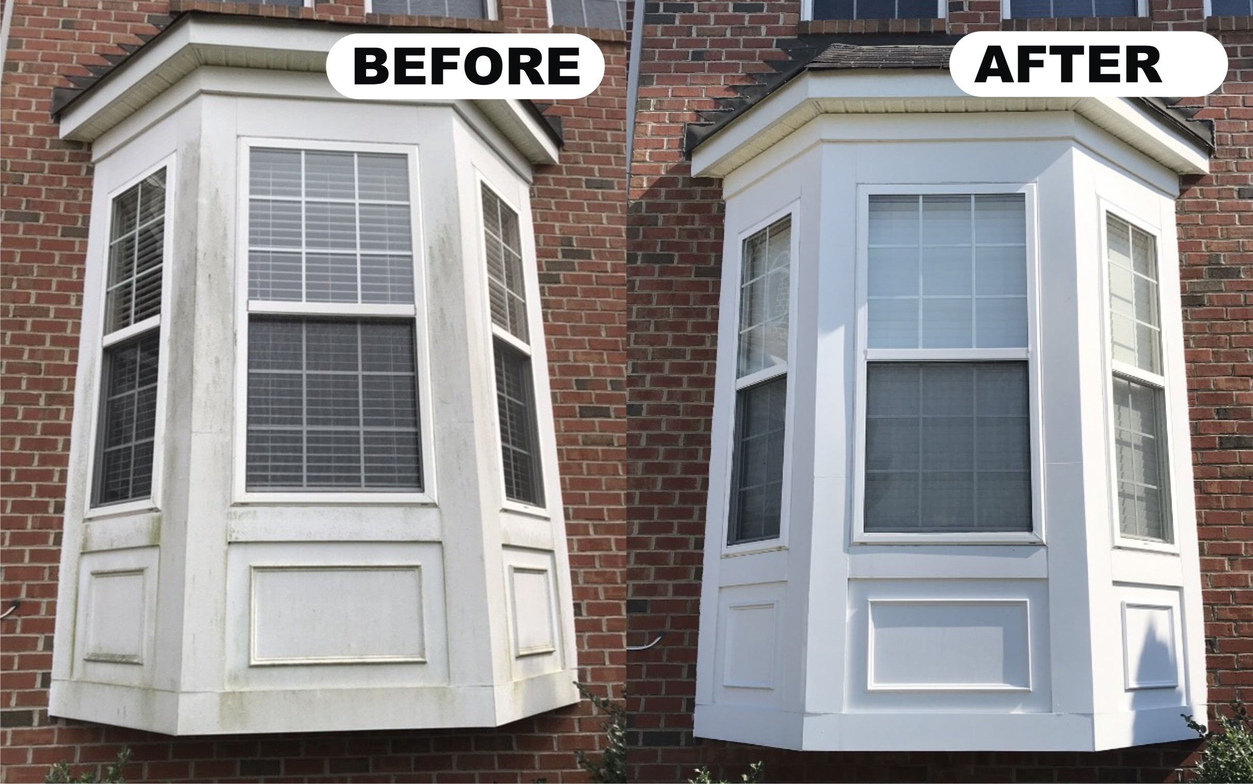 Before and after shot of a bay window, showcasing the transformation after powerwashing