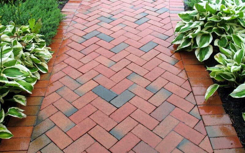 Freshly power-washed brick pathway with a distinct zig-zag design, framed by lush greenery, showcasing the quality work of Blue Ridge Lawn Care Services in Alexandria, Virginia.
